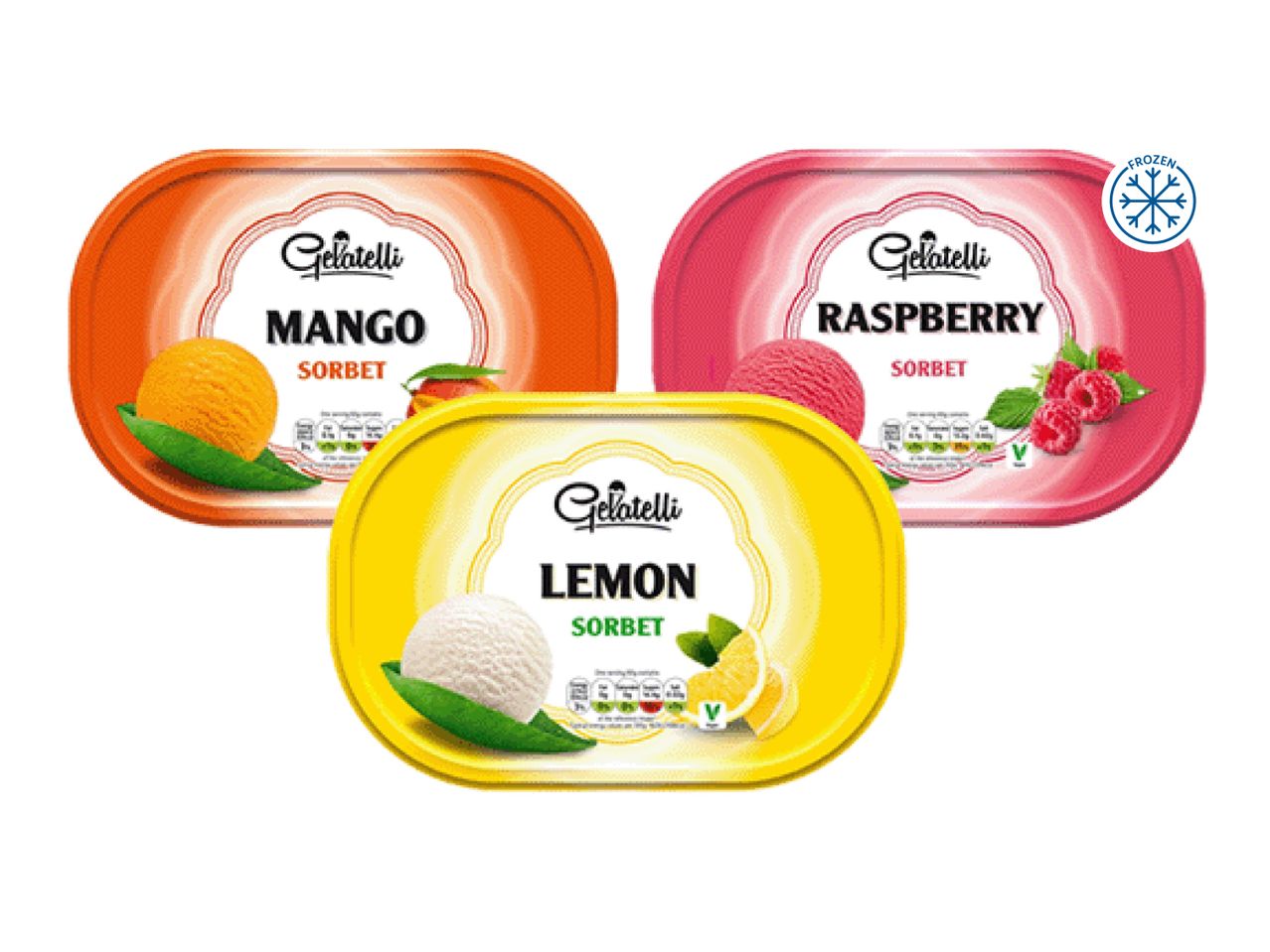 Three tubs of sorbet: mango, raspberry, and lemon, with a frozen symbol.