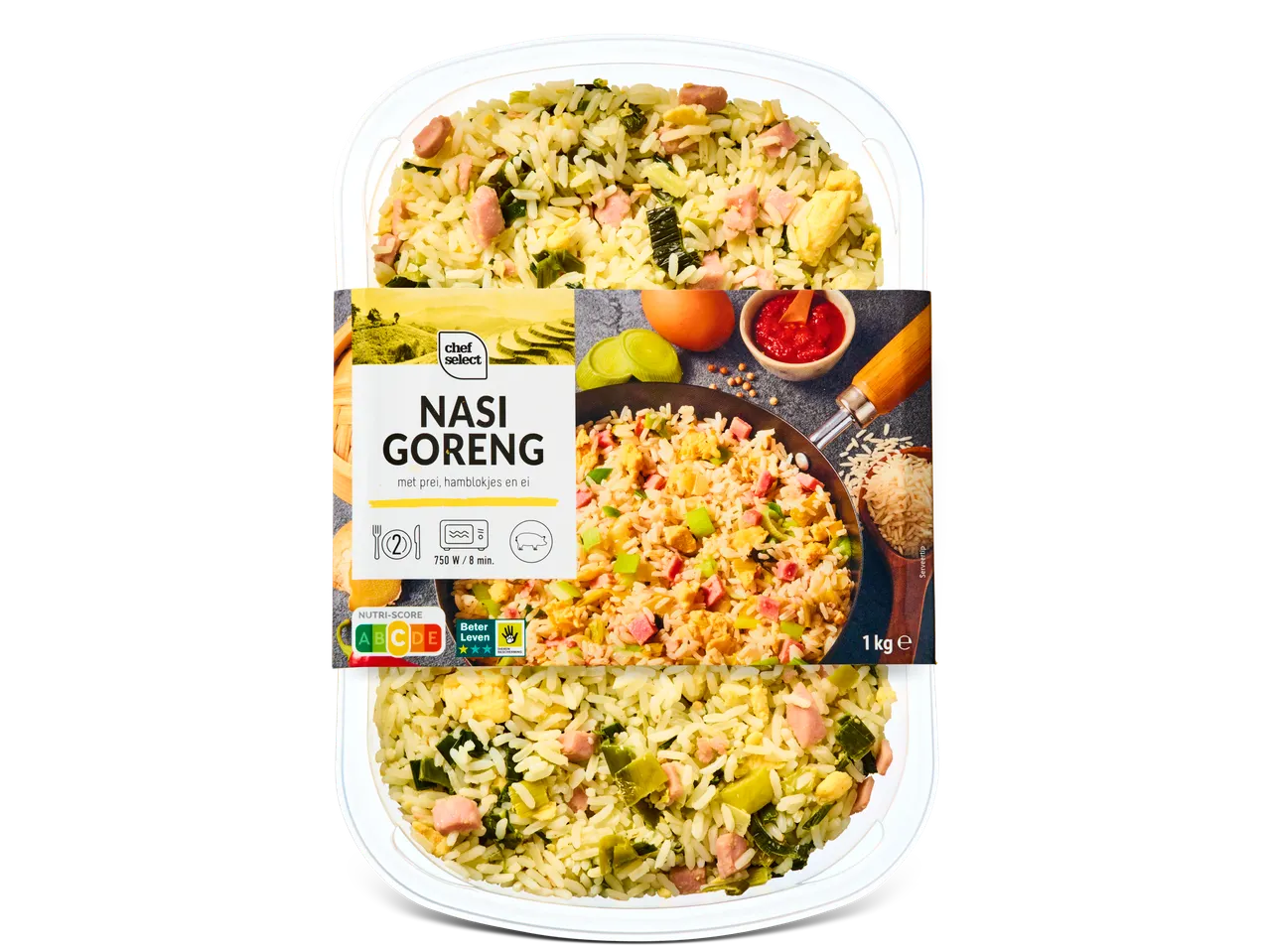 Chef Select Nasi Goreng: kant-en-klare maaltijd met rijst, ham en groenten.
