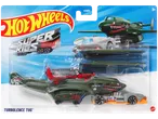 Hot Wheels Super Rigs Turbulence Tug, a green plane with a shark face and a silver car.