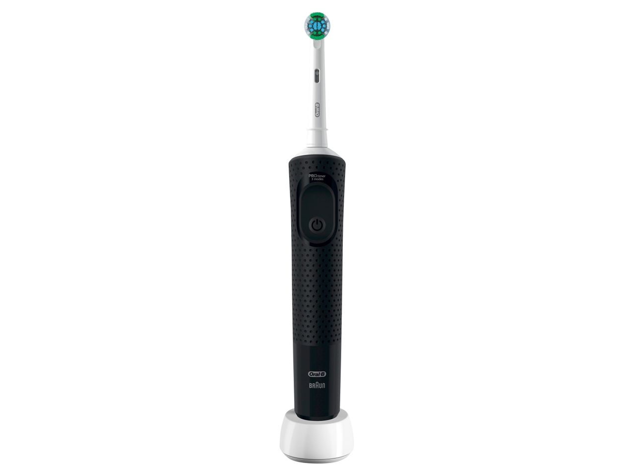 An Oral-B electric toothbrush with a black handle and white charging base.