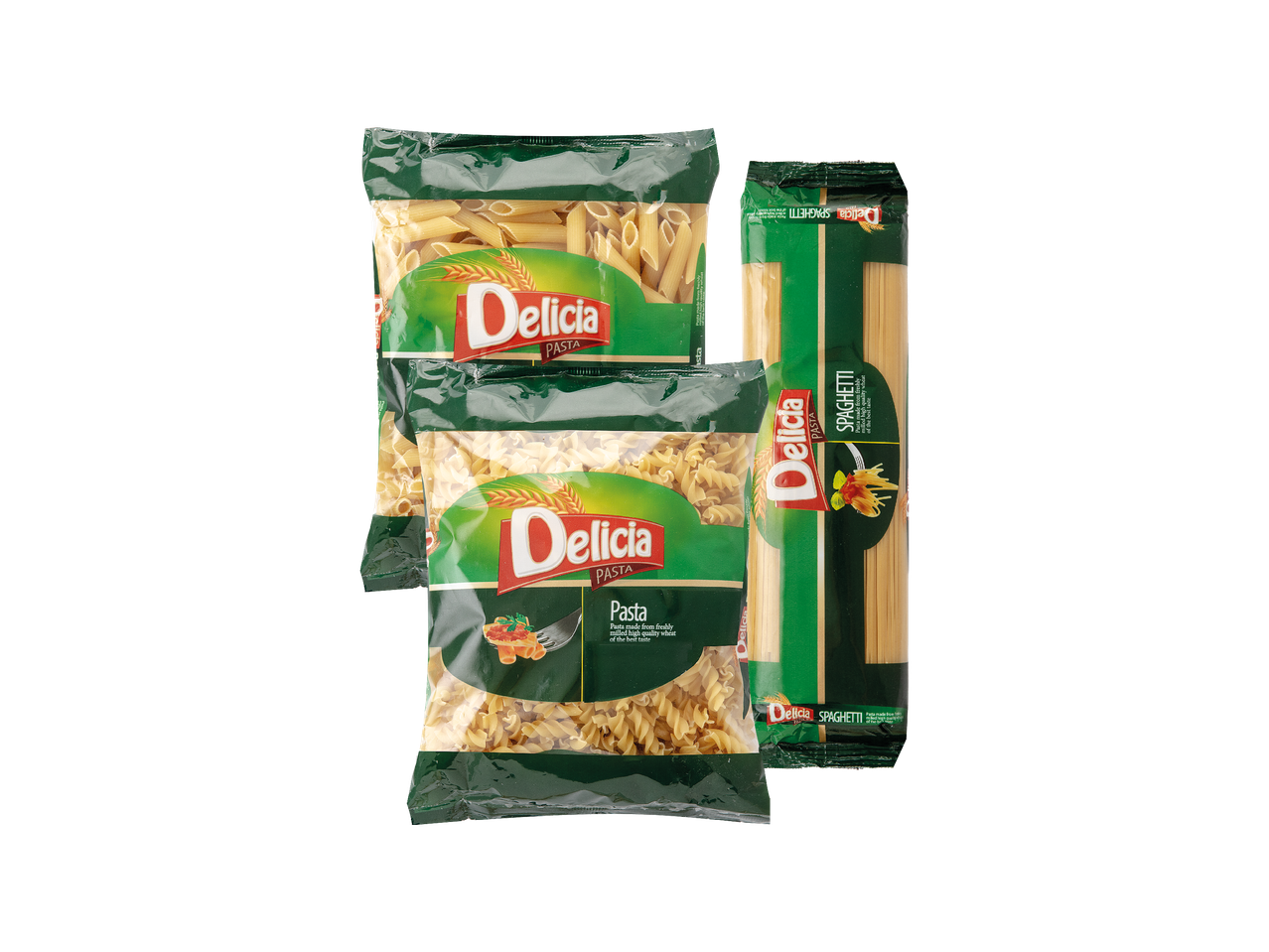 Delicia tjestenina: dva pakiranja penne i fusilli tjestenine te jedno pakiranje špageta.