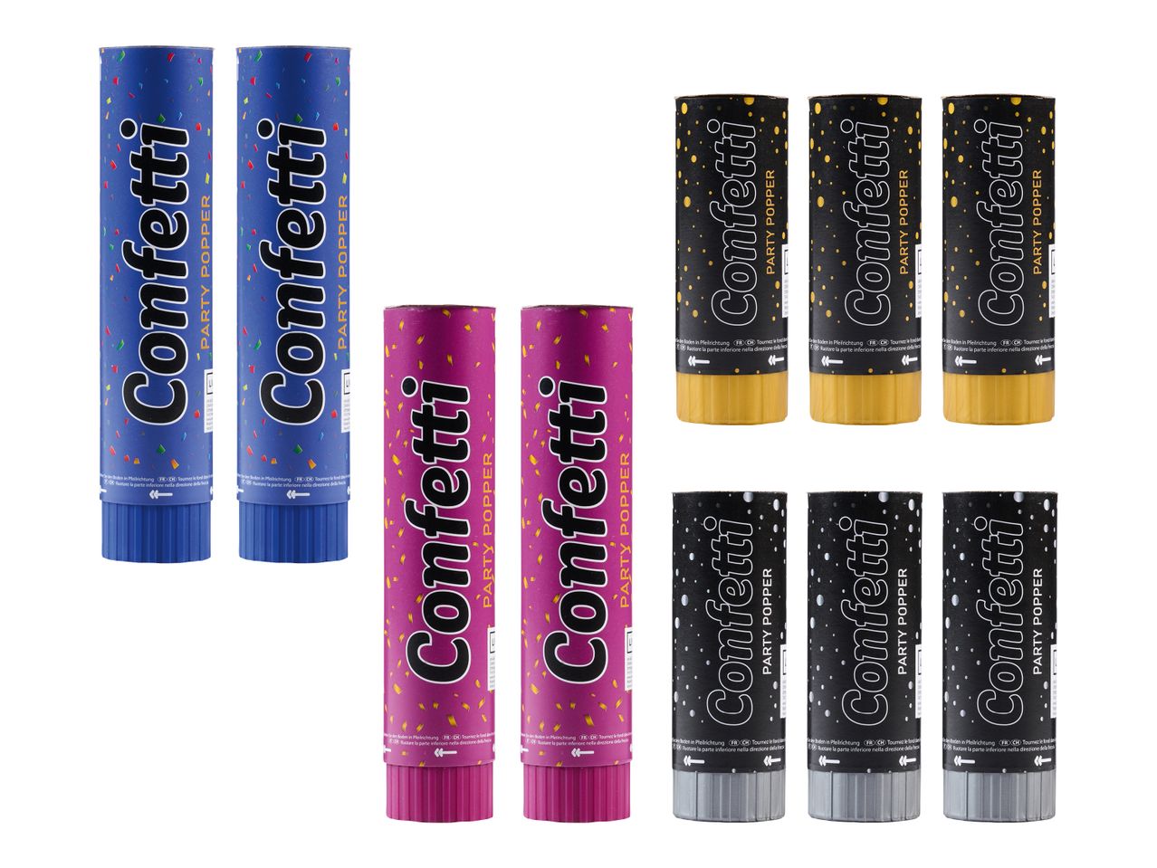 Sechs Party-Konfettikanonen in Blau, Pink, Gold und Schwarz mit der Aufschrift „Confetti Party Popper“.