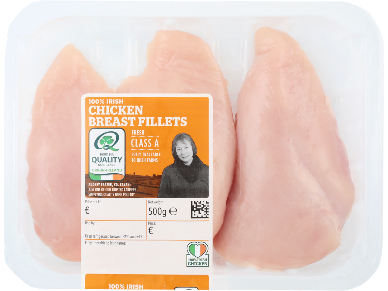 Pack of 100% Irish chicken breast fillets, 500g, with Bord Bia Quality Assurance label.