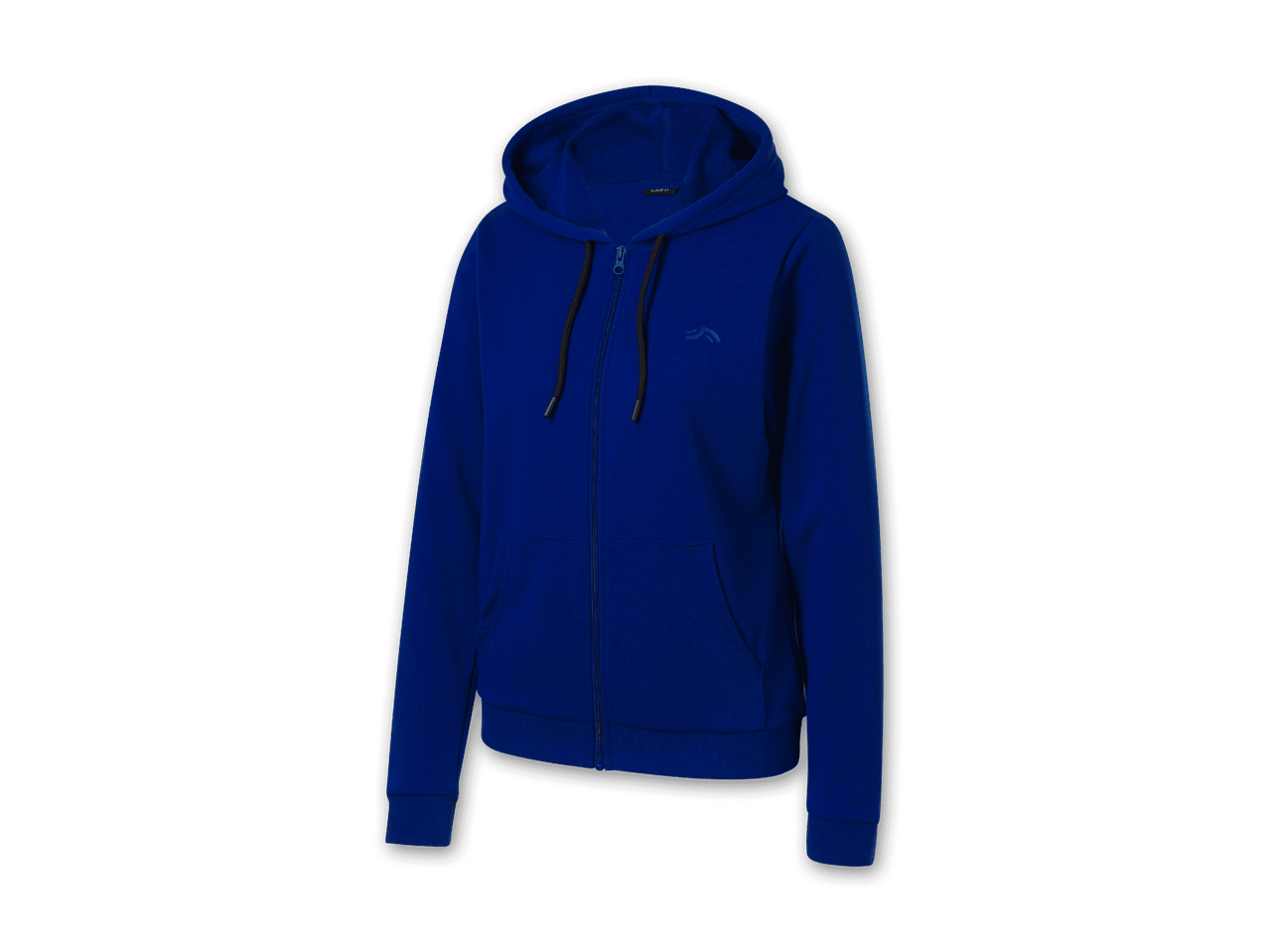 Blauer Kapuzenpullover mit Reißverschluss und Kordelzug auf schwarzem Hintergrund.
