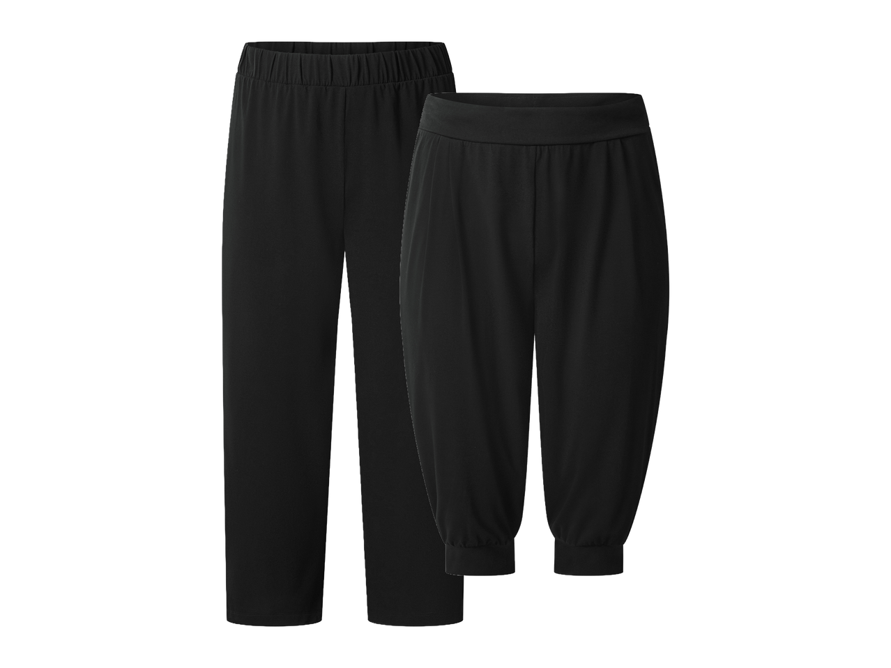 Dvoje crnih ženskih hlača, jedne ravnog kroja i jedne sužene s elastičnim rubom.