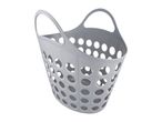 Grey plastic laundry basket with handles and perforated design