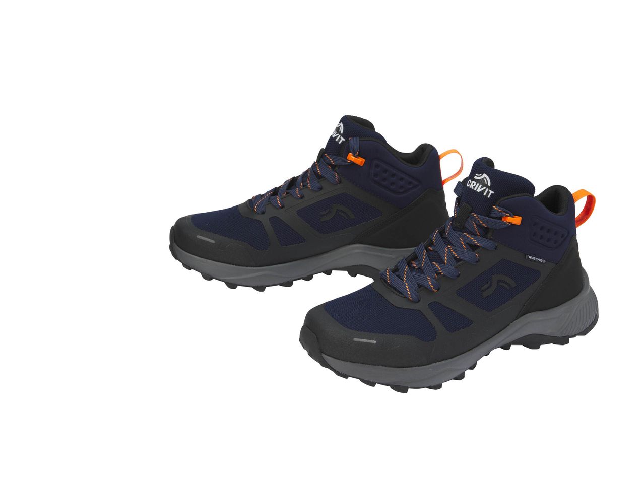 Two dark blue and black hiking boots with orange accents.