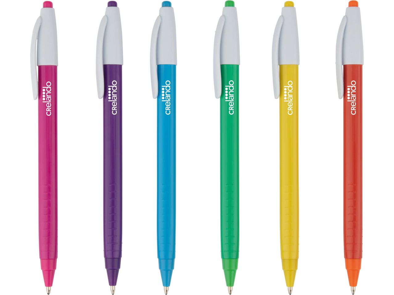 Sei penne a sfera Crelando di diversi colori: fucsia, viola, blu, verde, giallo e rosso.