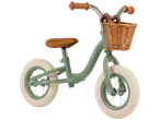 Hufty balance bike, green, with wicker basket.