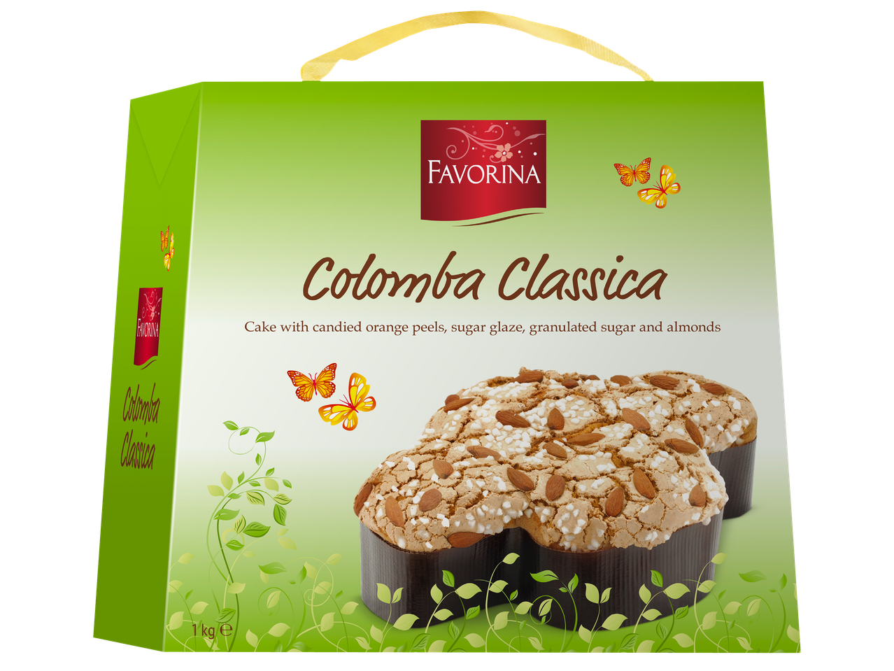 Зелена кутия с козунак Colomba Classica, украсен с бадеми и захарна глазура.