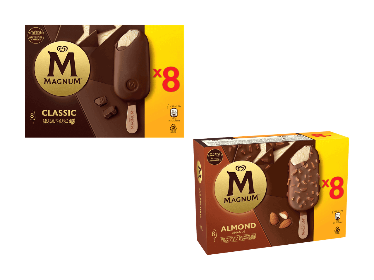 Zwei Packungen Eiscreme, eine klassische Schokolade und eine Mandel, beide zu je 8 Stück.