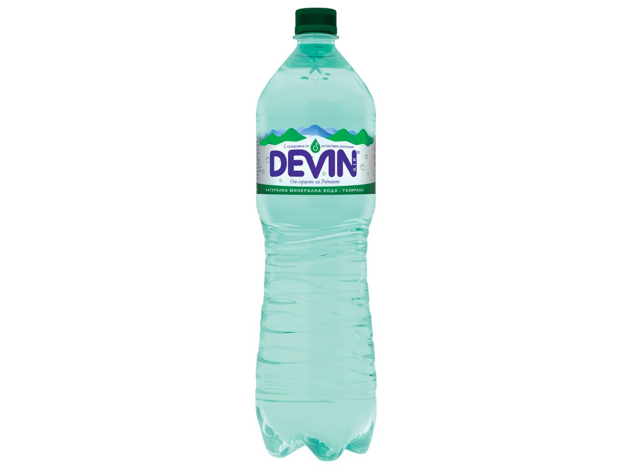 Бутилка газирана минерална вода Devin с етикет, изобразяващ планини.