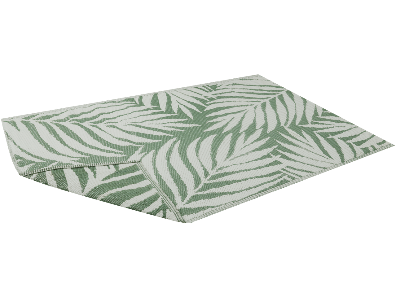 Tapete de jardim com padrão de folhas de palmeira verdes e brancas.