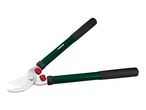 Green and black garden loppers with red stoppers, open and ready for use.