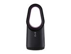 Black bladeless fan with a pink inner ring and control buttons on the front.