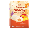 Japanese mochi box, mango flavour, with two mochi and sliced mango.