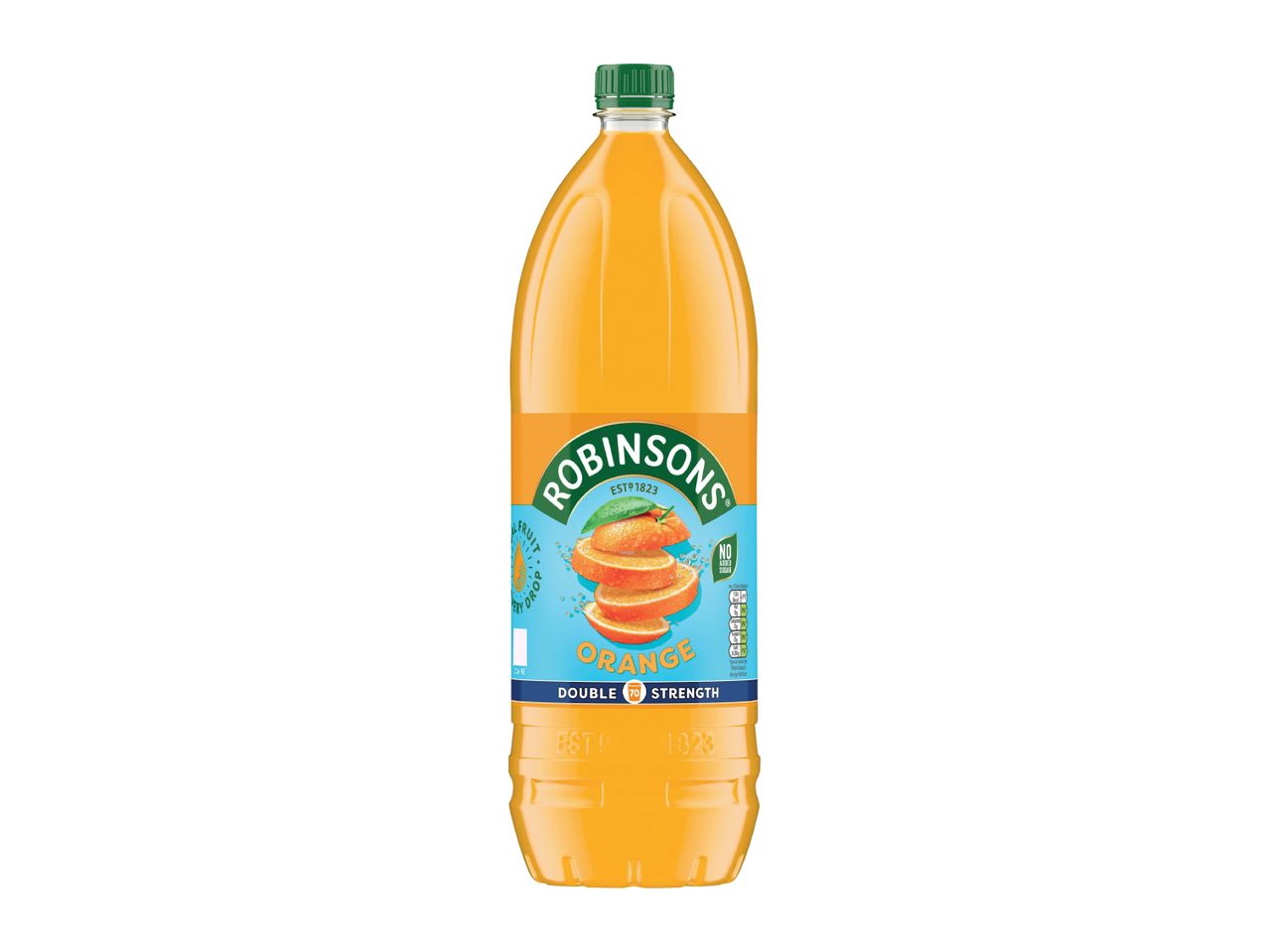 Orange squash in a large plastic bottle with a green cap, featuring sliced oranges on the label.