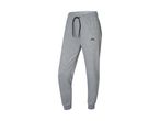 Gray sweatpants with a black drawstring and a small black logo on the left thigh.