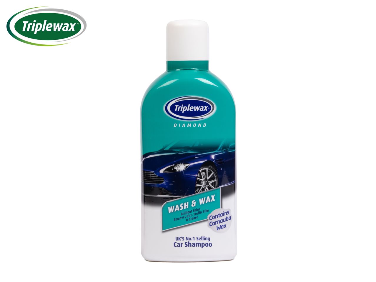Car shampoo bottle with a blue sports car graphic, labeled 'Wash & Wax' and 'Contains Carnauba Wax'.