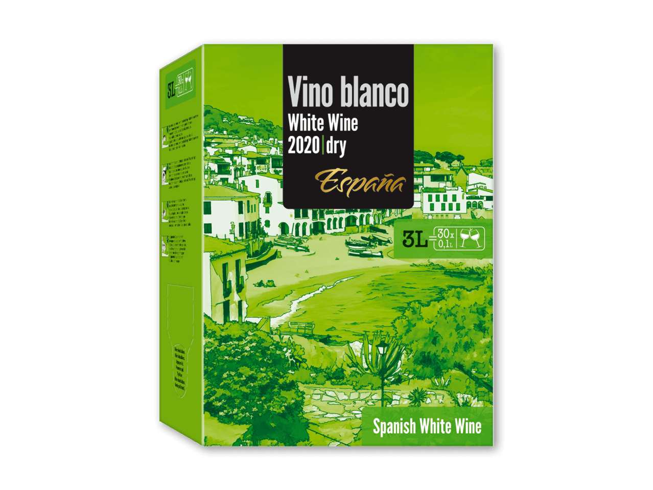 Hvidvin i en 3-liters bag-in-box med et spansk bybillede og teksten 'Vino blanco 2020 dry España'.