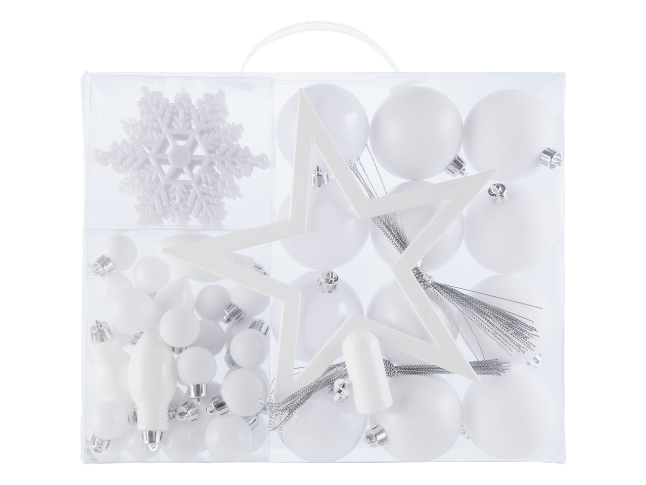 Balti LIVARNO home Ziemassvētku rotājumi: bumbas, zvaigzne, sniegpārsla un smailie rotājumi.