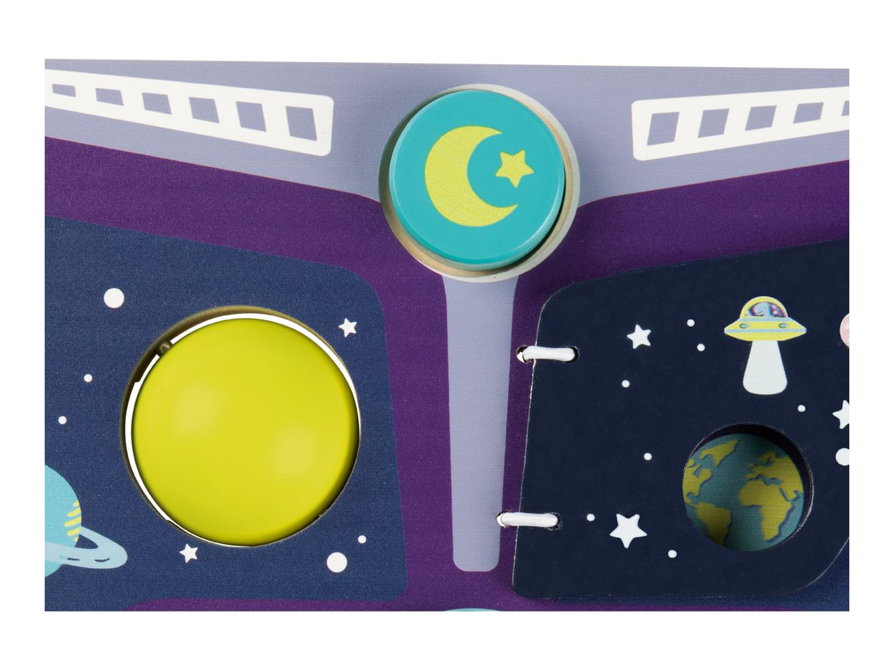 A space-themed activity board with a yellow ball, a moon and star button, and a small Earth cutout.