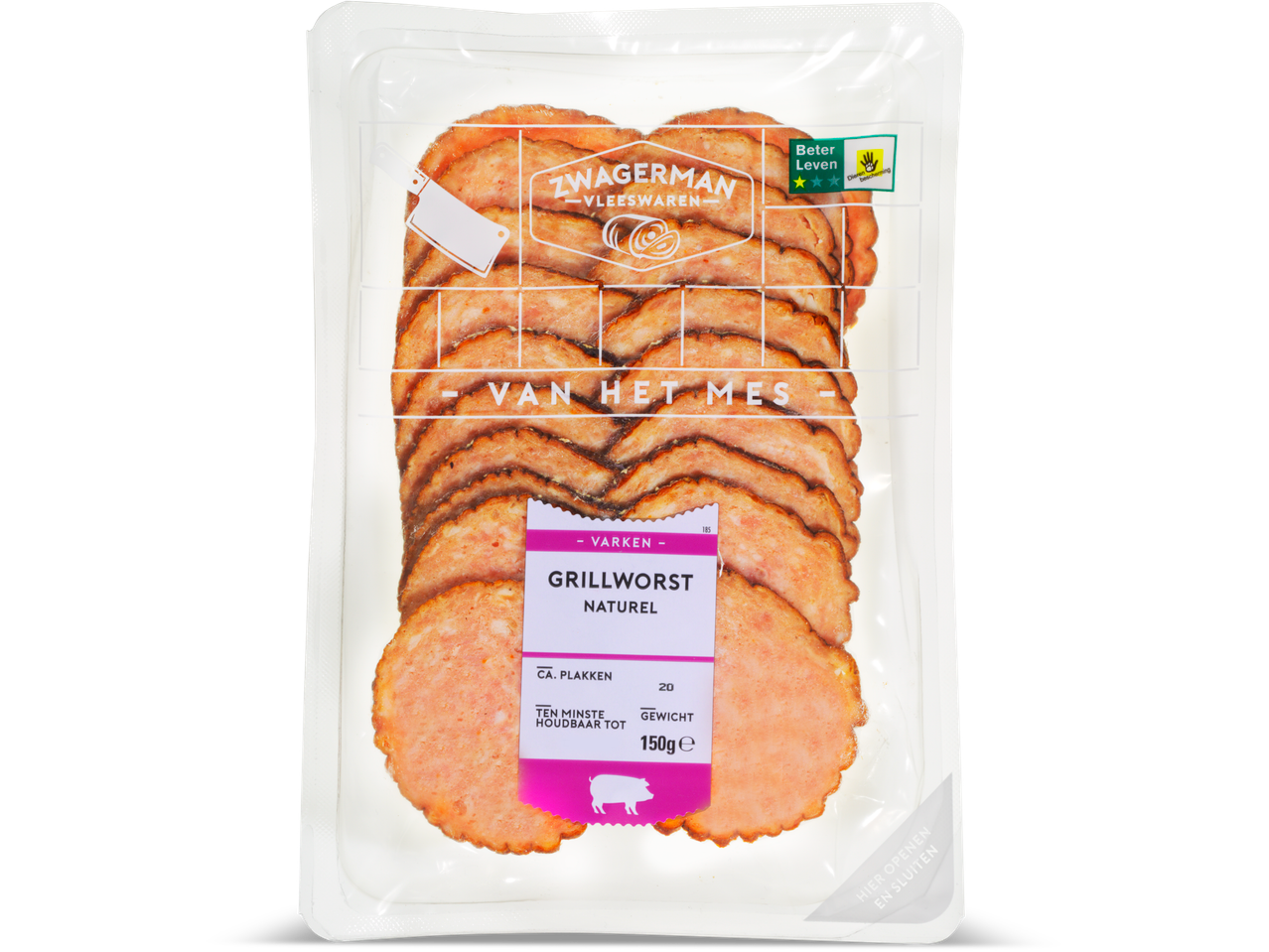 Zwagernan grillworst naturel:  gesneden plakjes varkensvlees.