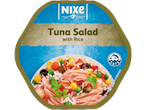 Ambalaj pentru salată de ton cu orez, cu logo-ul NIXE și sigla SAFE.