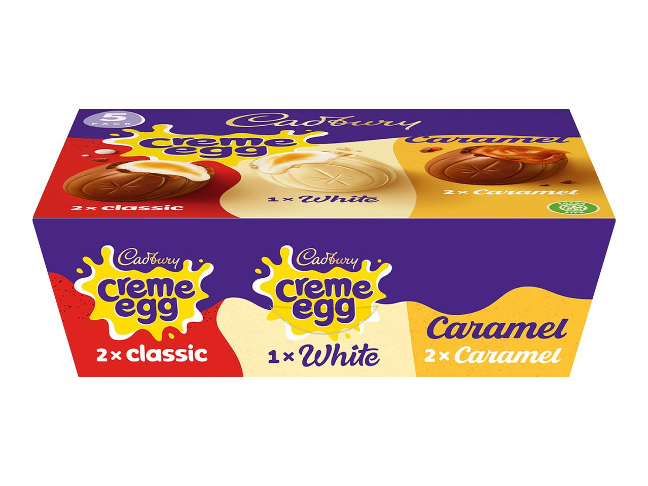 5-pack of chocolate creme eggs, including classic, white, and caramel varieties.