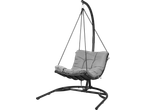 Grey hanging egg chair with a black metal frame and stand.