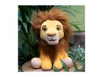 A Simba plush toy from Disney's The Lion King sits on a tree stump surrounded by greenery.