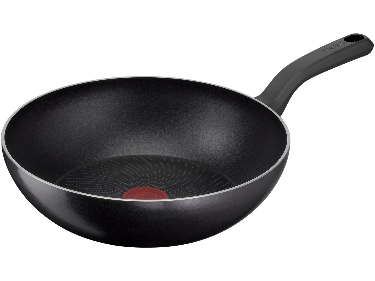 Tefal Aluminium Stirfry Pan with a black non-stick coating and red Thermo-Spot indicator.