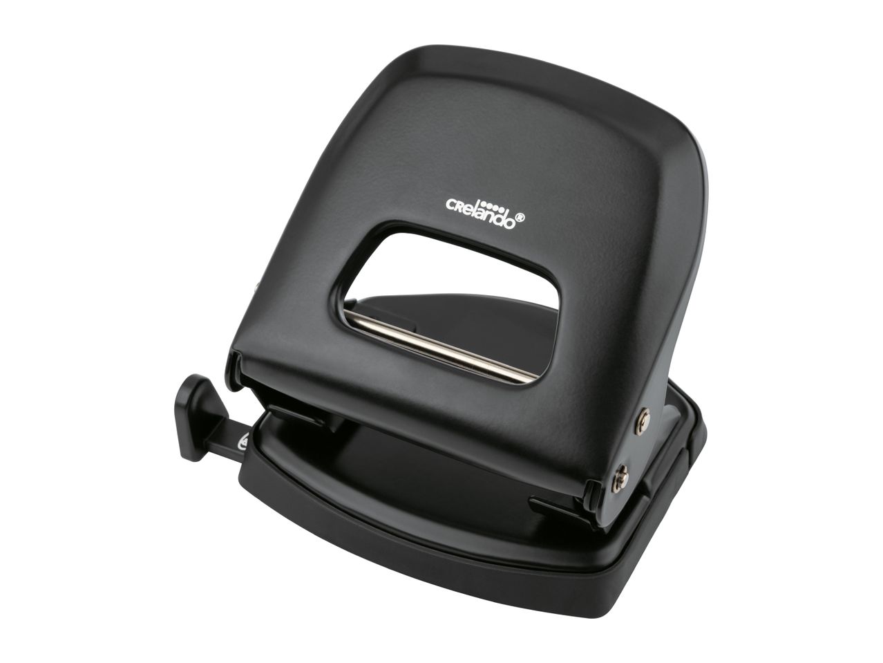 Black two-hole puncher with a silver paper guide, angled view.