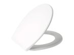 White toilet seat with the lid partially open, isolated on a white background.