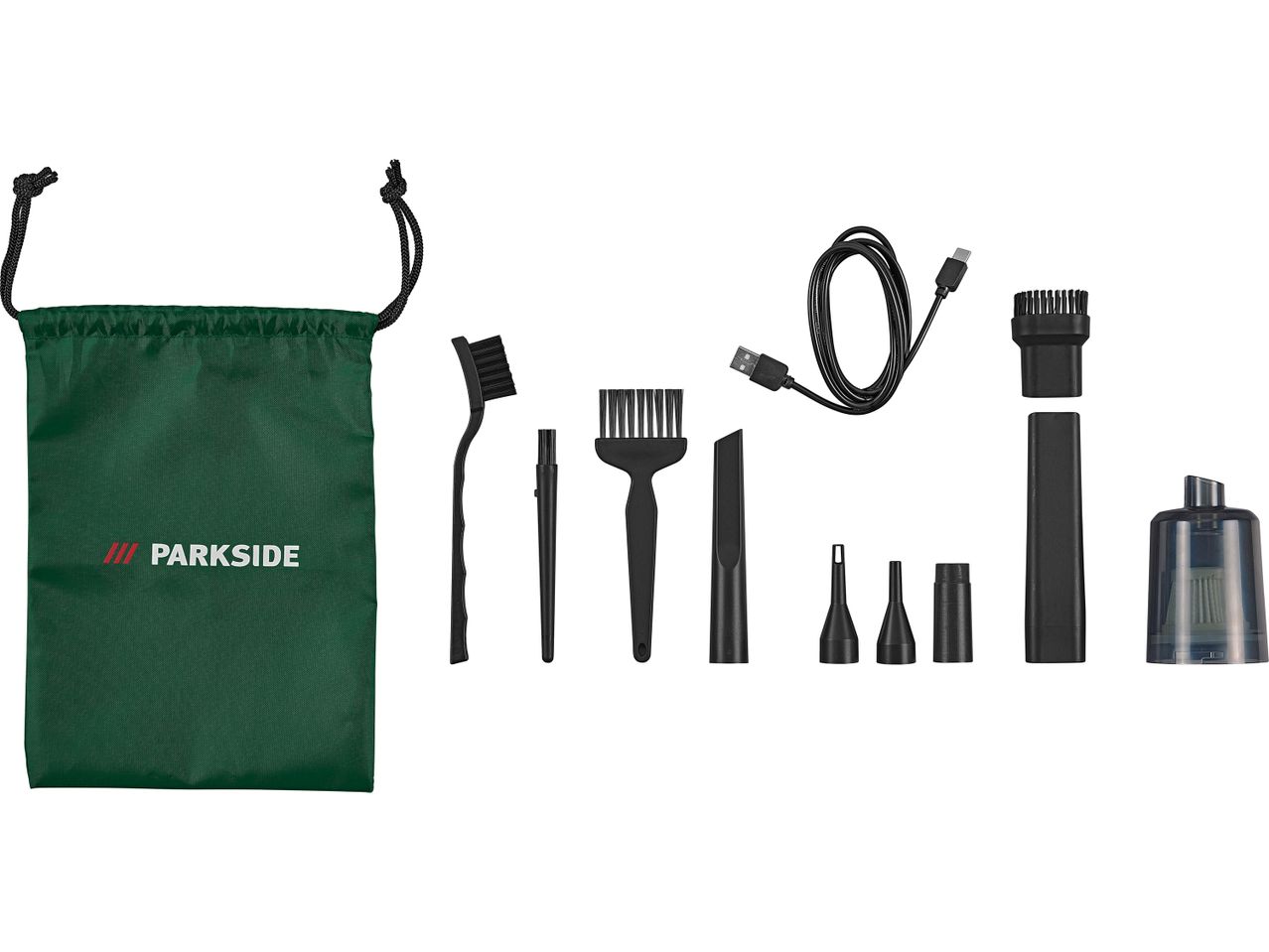A green drawstring bag with various black cleaning brushes, nozzles, a USB cable, and a transparent dust collector.