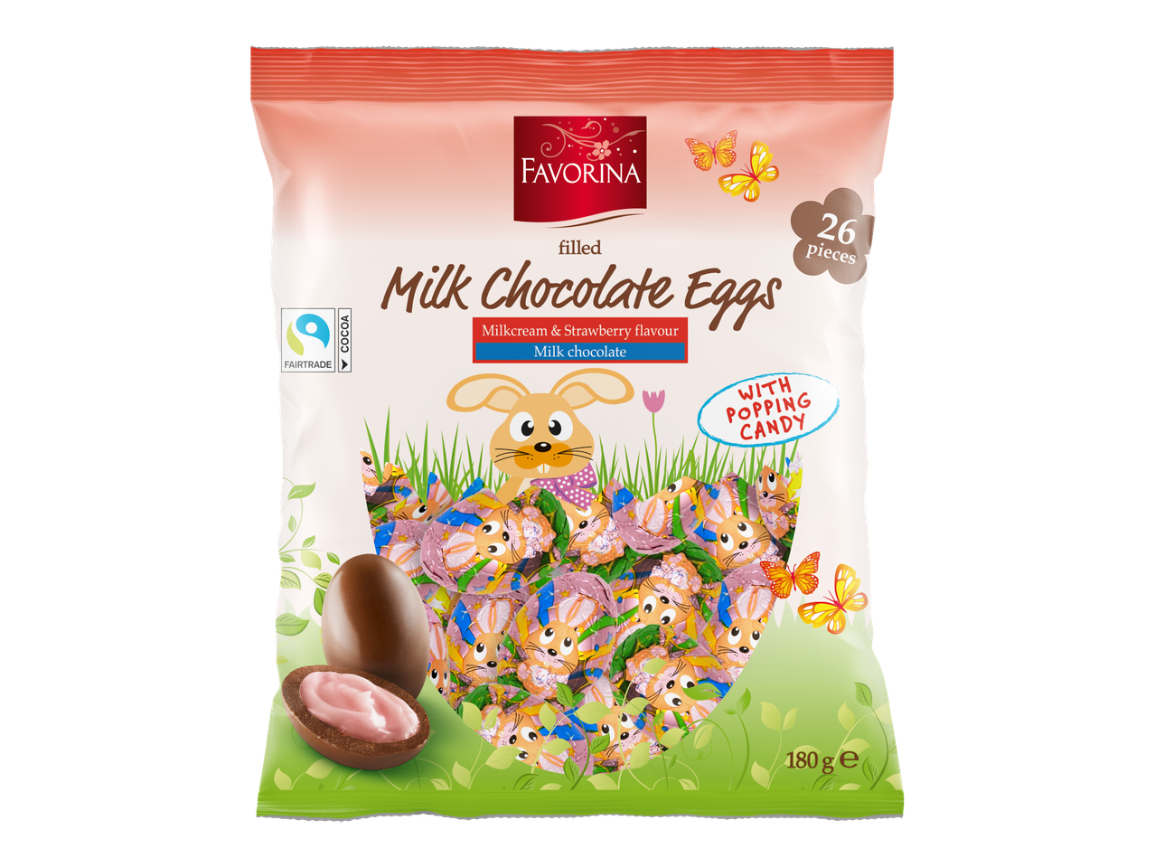Favorina pieniško šokolado kiaušiniai su braškių kremu ir sprogstančiais saldainiais, 26 vnt., 180 g.