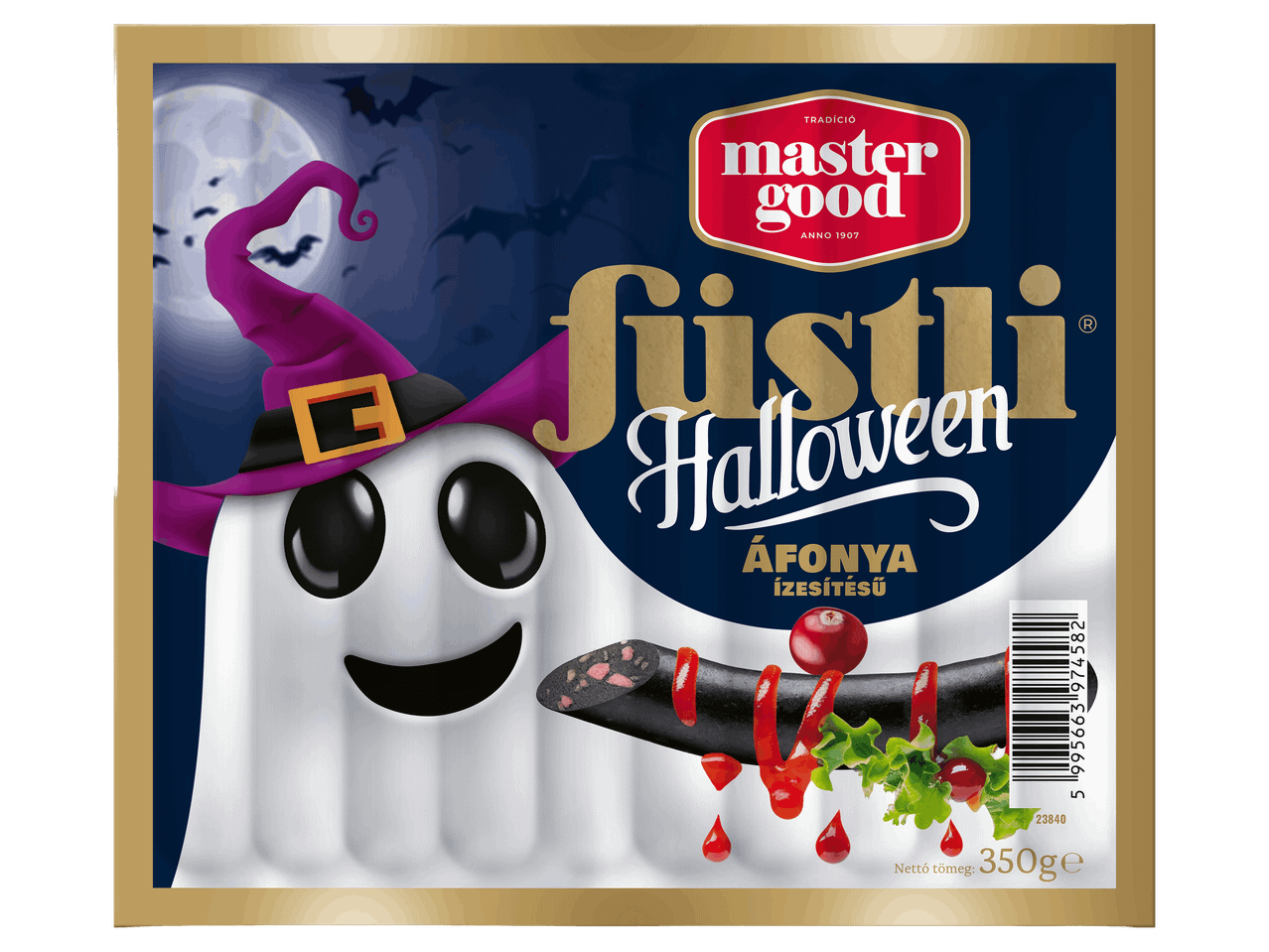 Halloween-i áfonyás füstli kolbász szellemes csomagolásban.