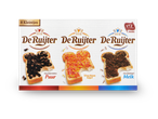 Drie soorten hagelslag op brood: pure chocoladevlokken, vruchtenhagel en melkchocoladehagel.