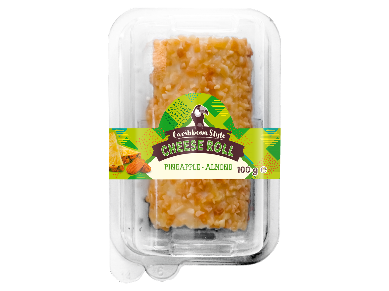 Rulou de brânză stil caraibian cu ananas și migdale în ambalaj transparent
