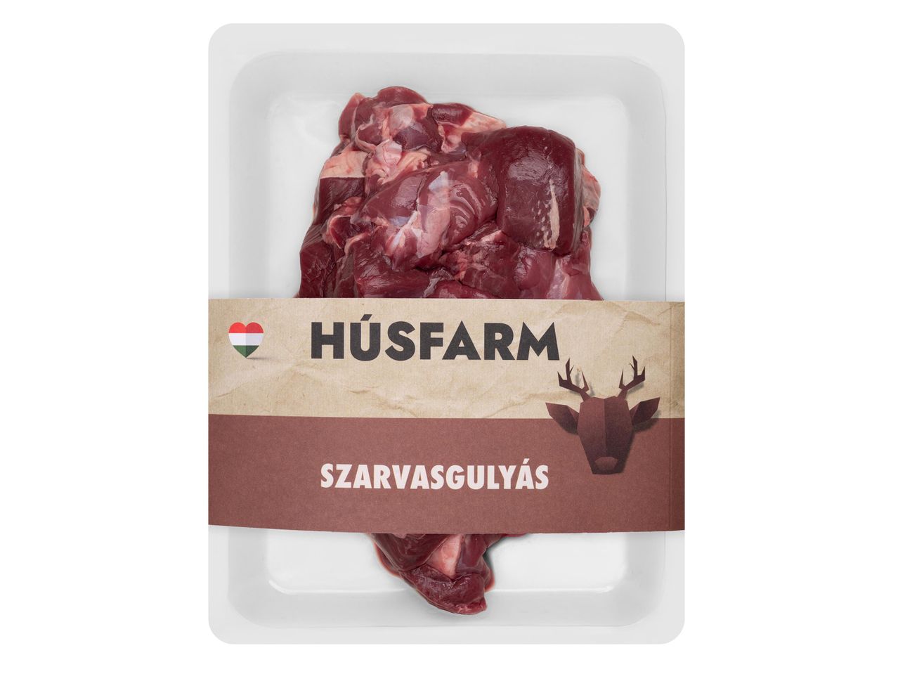 Csomagolt szarvashús, rajta a 'HÚSFARM SZARVASGULYÁS' felirattal és egy szarvasfej logóval.