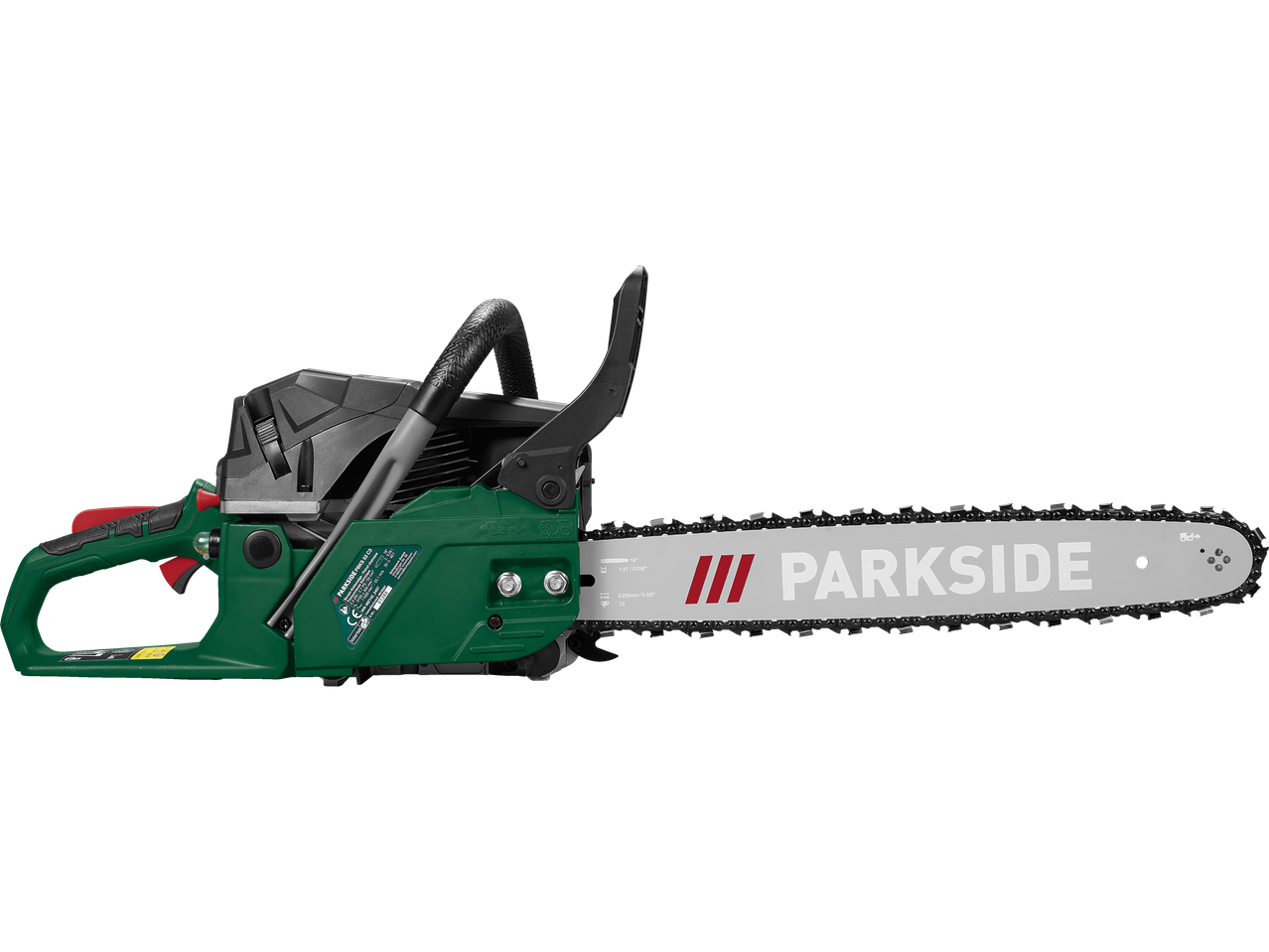 A green and black Parkside chainsaw with a silver blade on a black background.