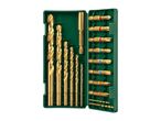 A set of golden drill bits and screwdriver bits in a green plastic case.