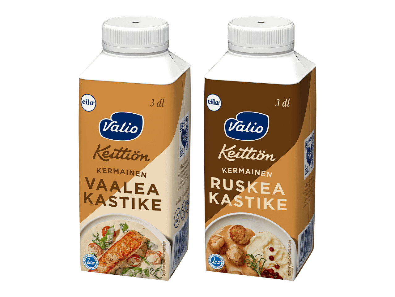 Kaksi pakkausta valmista kermakastiketta: vaalea kastike ja ruskea kastike.