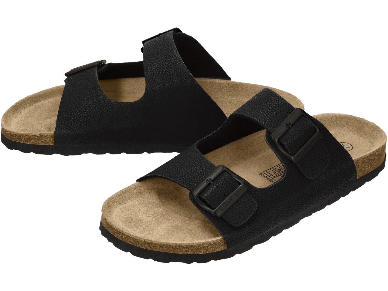 Pair of black two-strap sandals with cork footbeds and black buckles.
