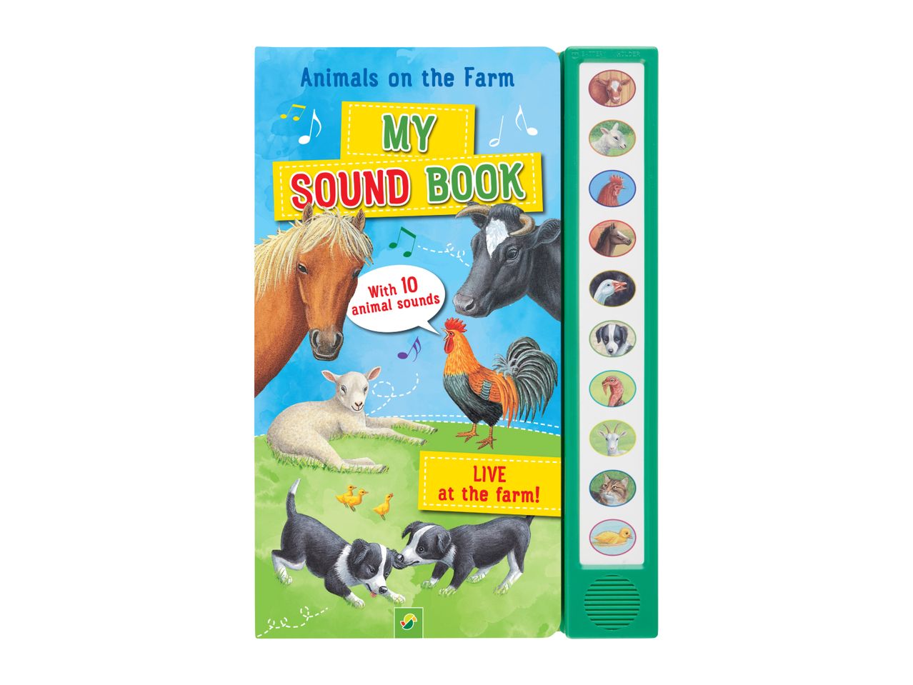Animals on the Farm sound book with 10 animal sounds and a green sound panel.
