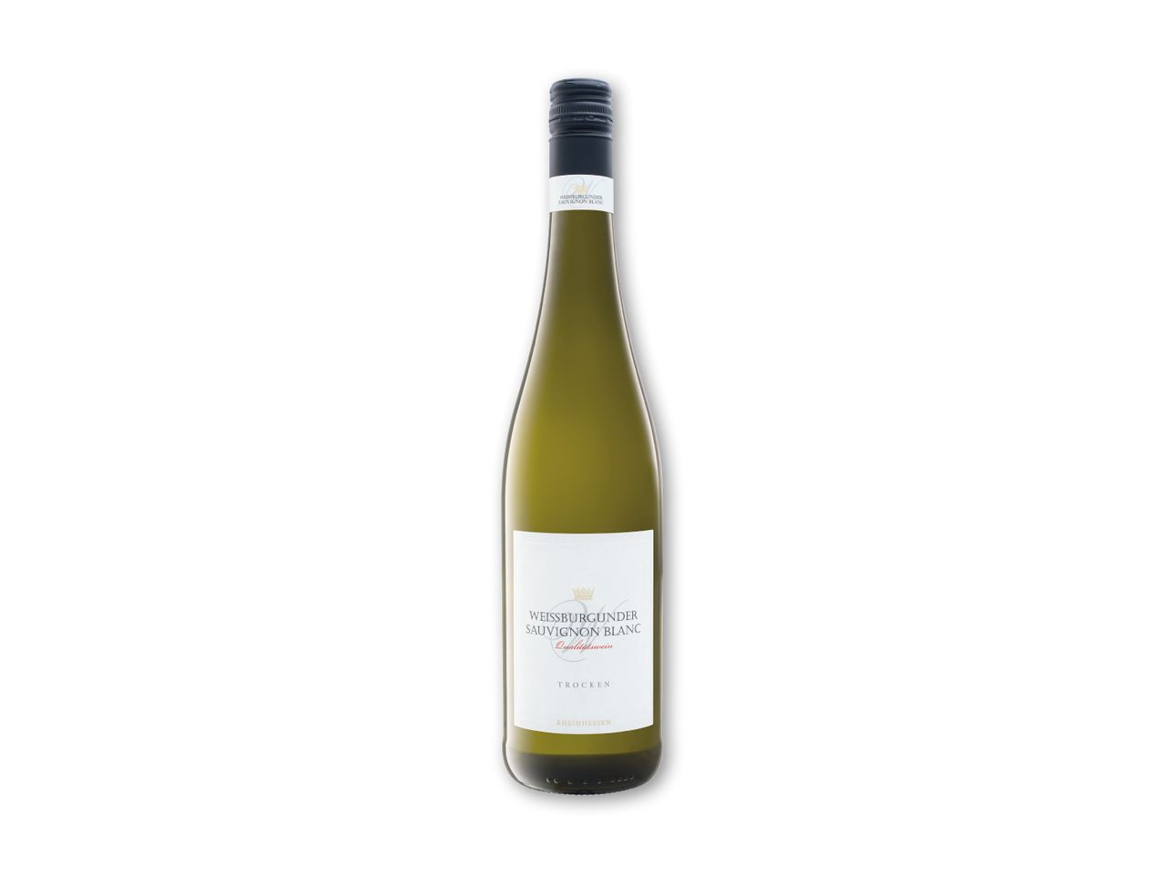 Hvidvin med hvid etiket, der læser 'WEISSBURGUNDER SAUVIGNON BLANC Qualitatswein TROCKEN RHEINHESSEN'