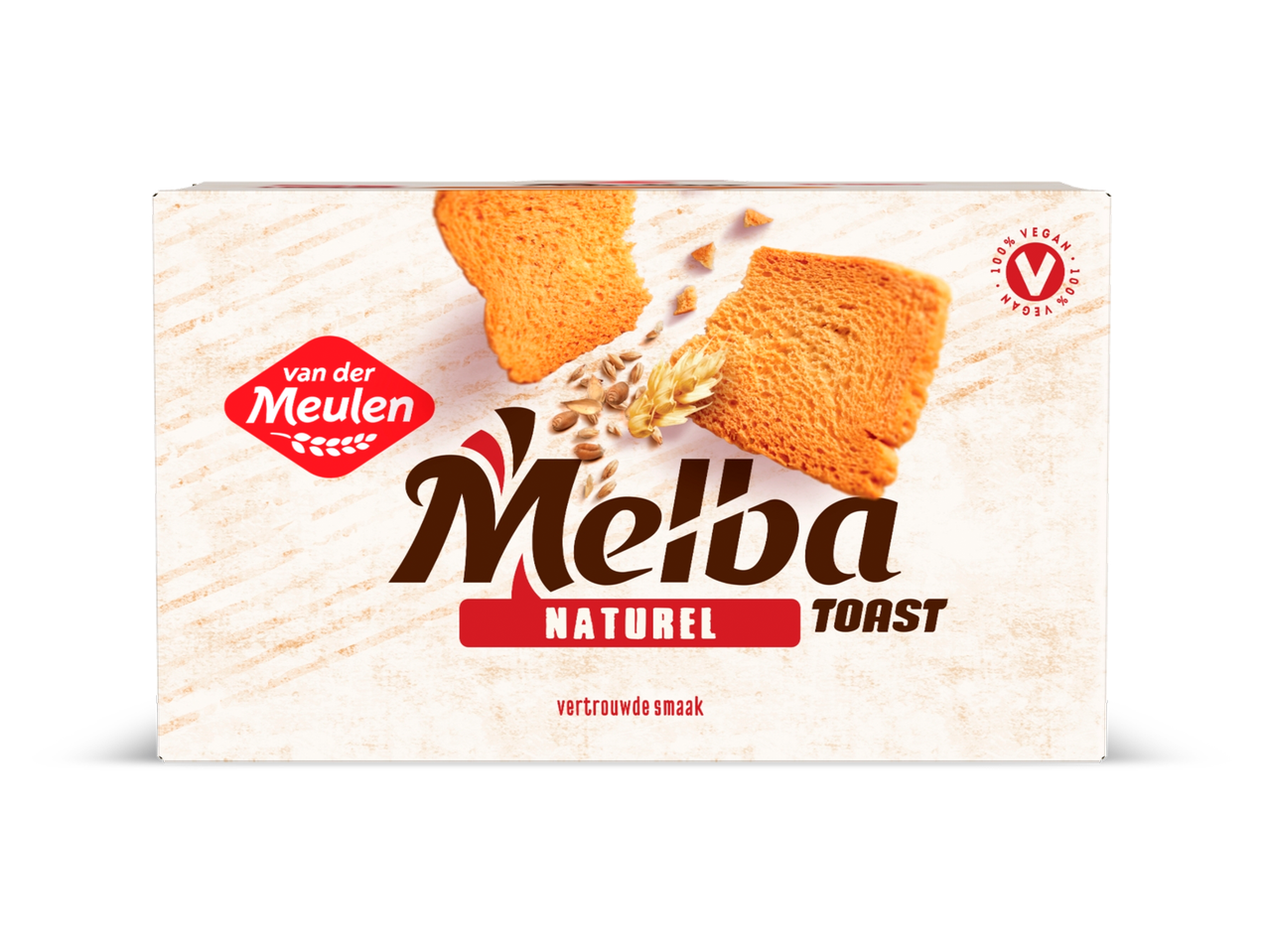 Verpakking van naturel toastjes met twee toastjes en graankorrels, met de tekst '100% VEGAN'.