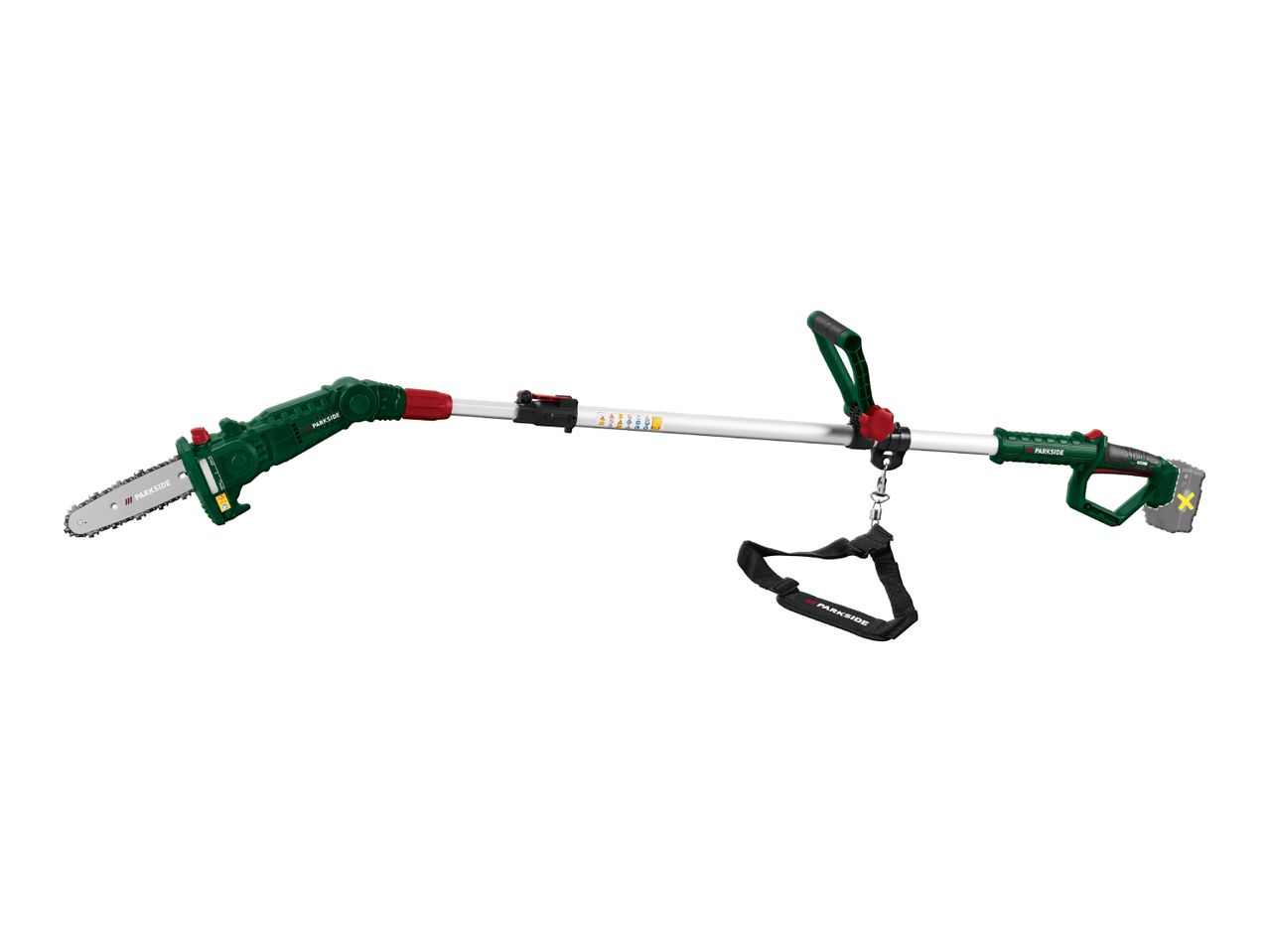 A green and silver pole saw with a chainsaw attachment and a shoulder strap.