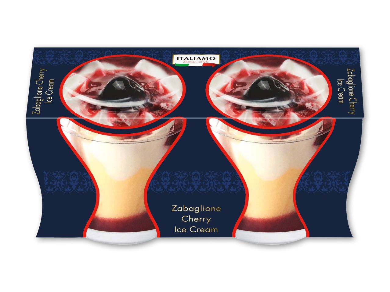 Zabaglione kirsebær is i glas med italiensk stil.