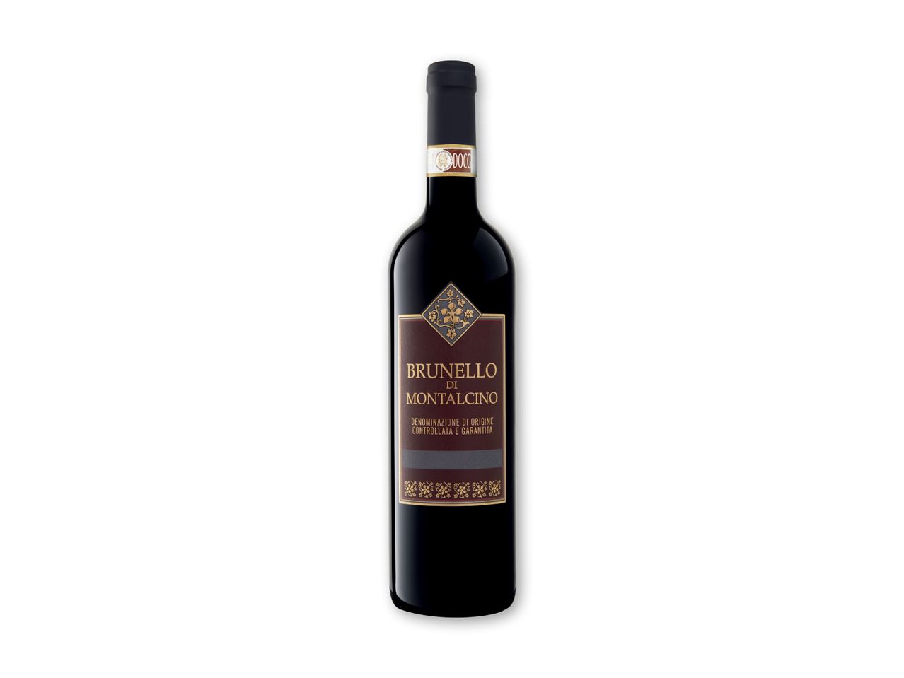 En flaske Brunello di Montalcino rødvin med en mørk etiket og guldudsmykning.